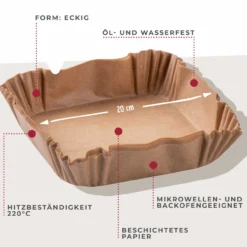 Backpapier für Heißluftfritteuse eckig, 20cm, 50 Stk.