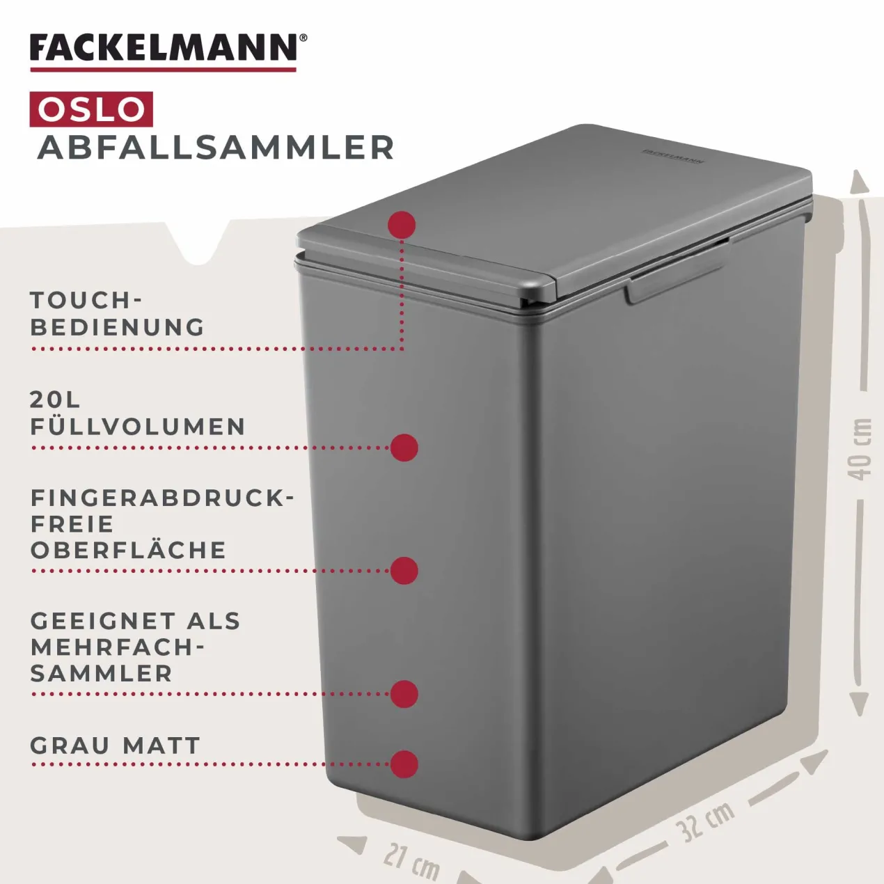 Mülleimer Oslo, grau, 20L